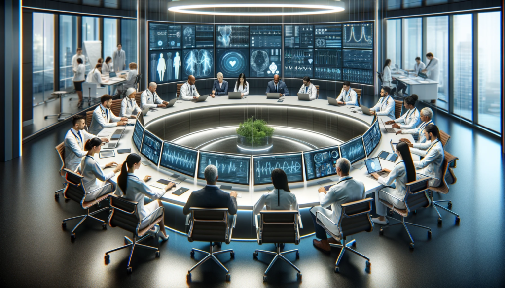 Administrators work in a round table with various screens forming a central hub.