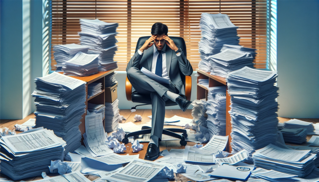 A frustrated administrator sits with his head in his hands, surrounded by messy stacks of papers and files.