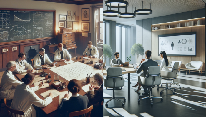 A split image of doctors working tirelessly at a paper-strewn table, chalkboards in the background, contrasted with a modern medical office scene of calm and order.