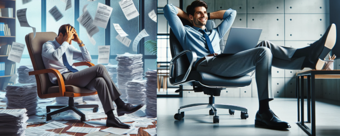 A split image of an administrator frustrated with papers falling down around him, contrasted with the same administrator reclined and looking happy in his office chair.