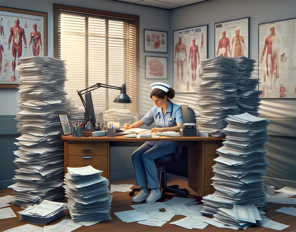 A stressed nurse works in her office surrounded by stacks of untidy files and paperwork.